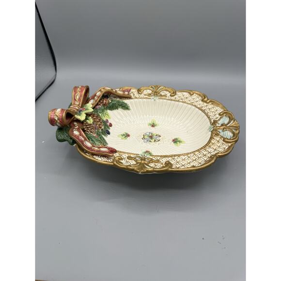 Fitz & Floyd Classics Christmas Serving Dish Holiday Bow Pinecone Platter 10” - Picture 2 of 7